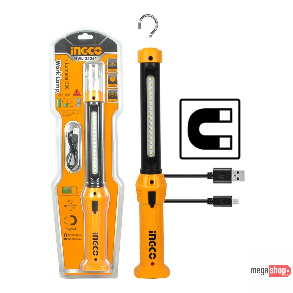 Ingco Original Work Lamp Li-polymer Rechargeable Battery 300 Lumens 3.5Watts HWLI35261 Using Li-Polymer Rechargeable Li-ion Battery Lumens : Max: 300±10% Low: 75±10% LED Power Dissipation: 3.5W with magnet 360° Stainless Steel Hook With USB Charging Line Working Hours: 4-7h Ingco Original Work Lamp Li-polymer Rechargeable Battery 300 Lumens 3.5Watts HWLI35261 Using Li-Polymer Rechargeable Li-ion Battery Lumens : Max: 300±10% Low: 75±10% LED Power Dissipation: 3.5W with magnet 360° Stainless Steel Hook With USB Charging Line Working Hours: 4-7h