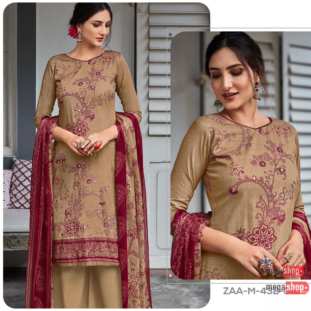 57c123453768c5a5eef4c38a75e6d433.jpg Zulfat Aaina Pure Cotton Kurta Salwar and Duppatta Unstitched Set For Women - Image 1