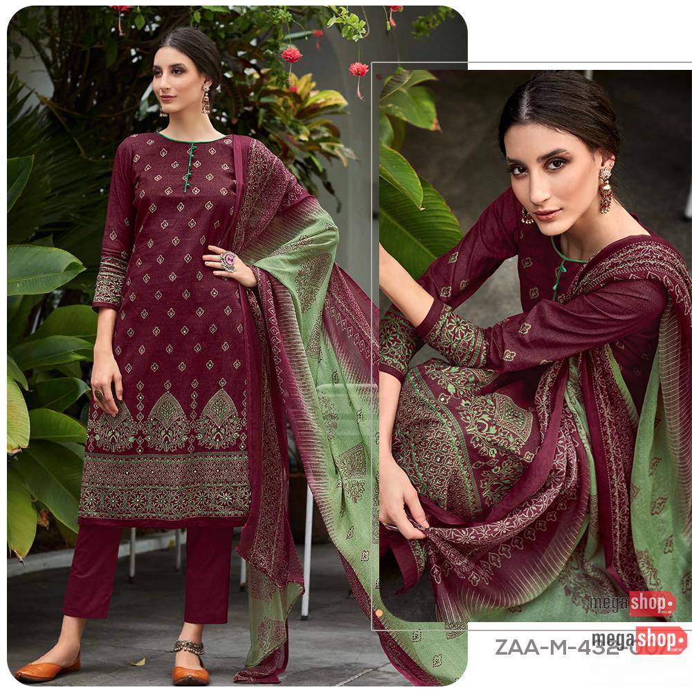 968dc356e42f4210ee8b8ffc1847f87a.jpg Zulfat Aaina Pure Cotton Kurta Salwar and Duppatta Unstitched Set For Women - Image 1