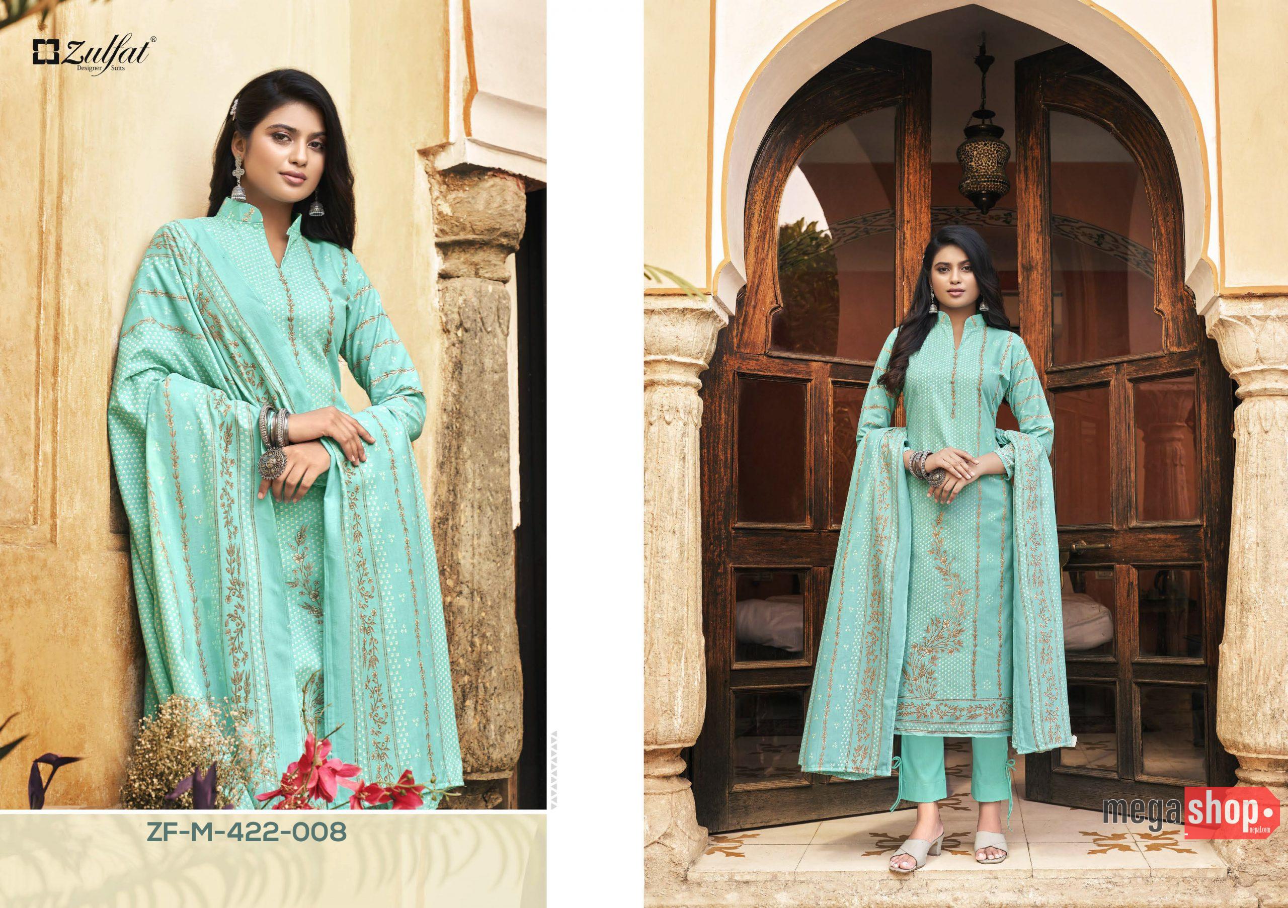 aae987bddd5e4225046de861198c02fb.jpg Zulfat Designer Suits Fitoor Pure Cotton Dress Material - Unstitched Kurta, Salwar with Shawl - Image 1