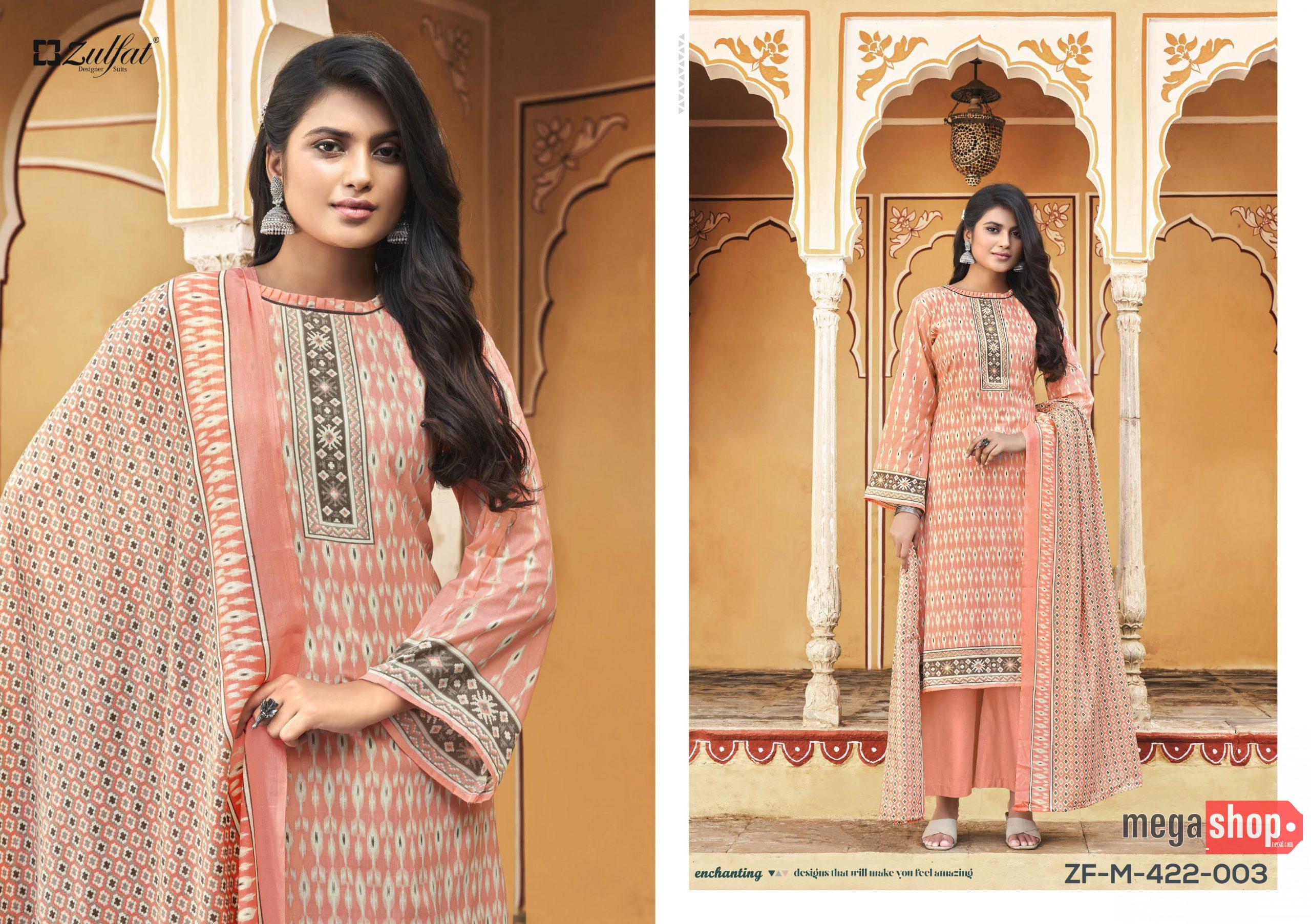 d925ce2c878963f819939d953da530af.jpg Zulfat Designer Suits Fitoor Pure Cotton Dress Material - Unstitched Kurta, Salwar with Shawl - Image 1