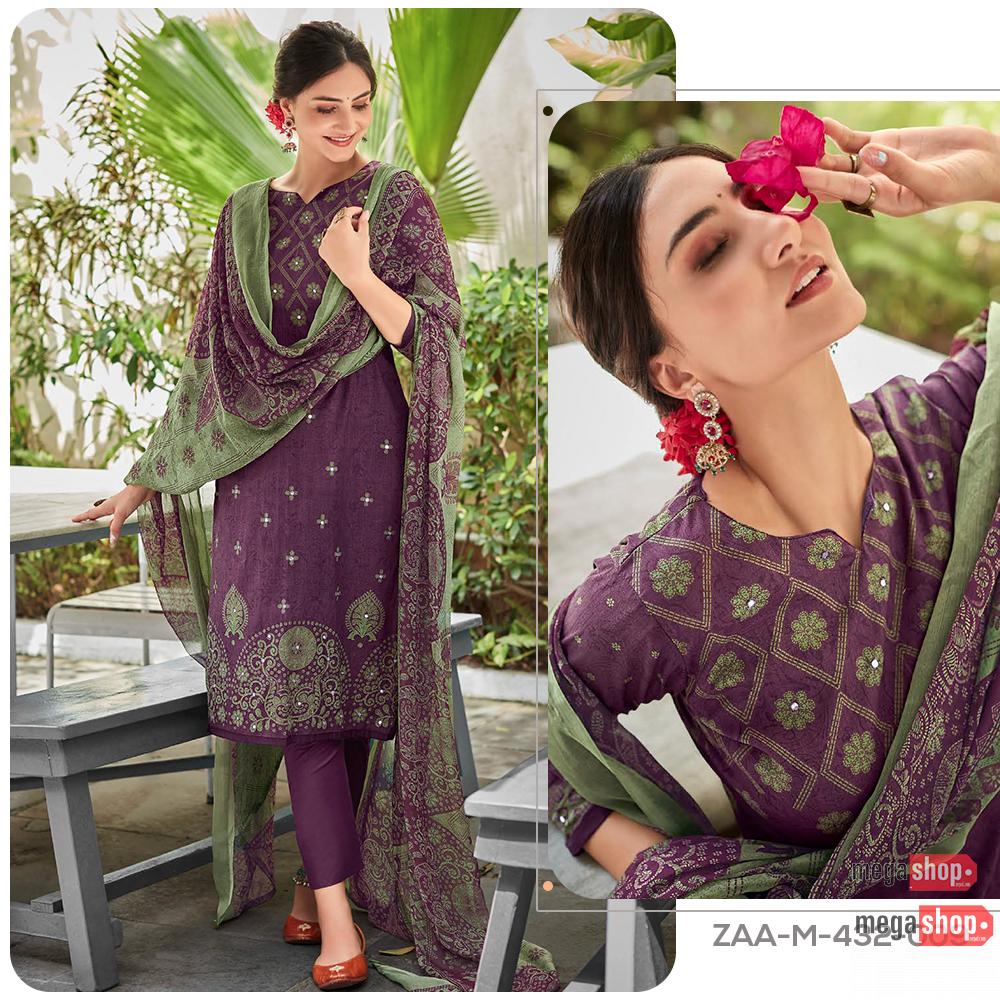 dbaa6be1f714907b17890fdb176b8475.jpg Zulfat Aaina Pure Cotton Kurta Salwar and Duppatta Unstitched Set For Women - Image 1